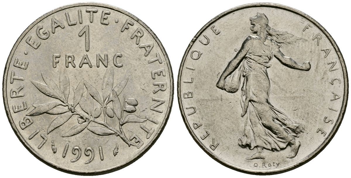 Франция 1 франк 1991 сеятель KM 925 никель 4135-912