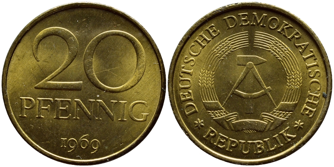 ГДР 20 пфеннигов 1969 А, первый год KM 11 латунь UNC 73-1353