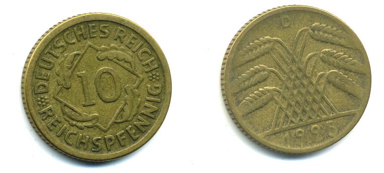 ГЕРМАНИЯ 10 РЕЙХСПФЕННИГОВ 1925 D KM 40, J.317 алюминиевая бронза 46-1426