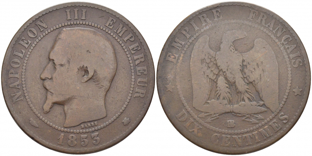 ФРАНЦИЯ 10 САНТИМОВ 1853 ВВ, НАПОЛЕОН III (1852-1870) KM 771.3 бронза 114-644
