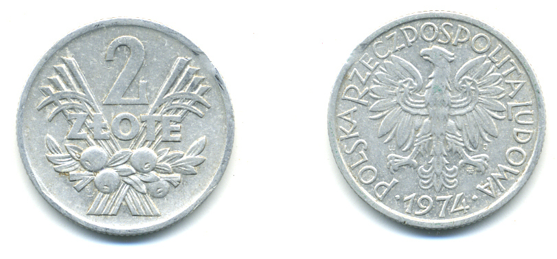 ПОЛЬША 2 ЗЛОТЫХ 1974 MW KM 46 алюминий 83-255