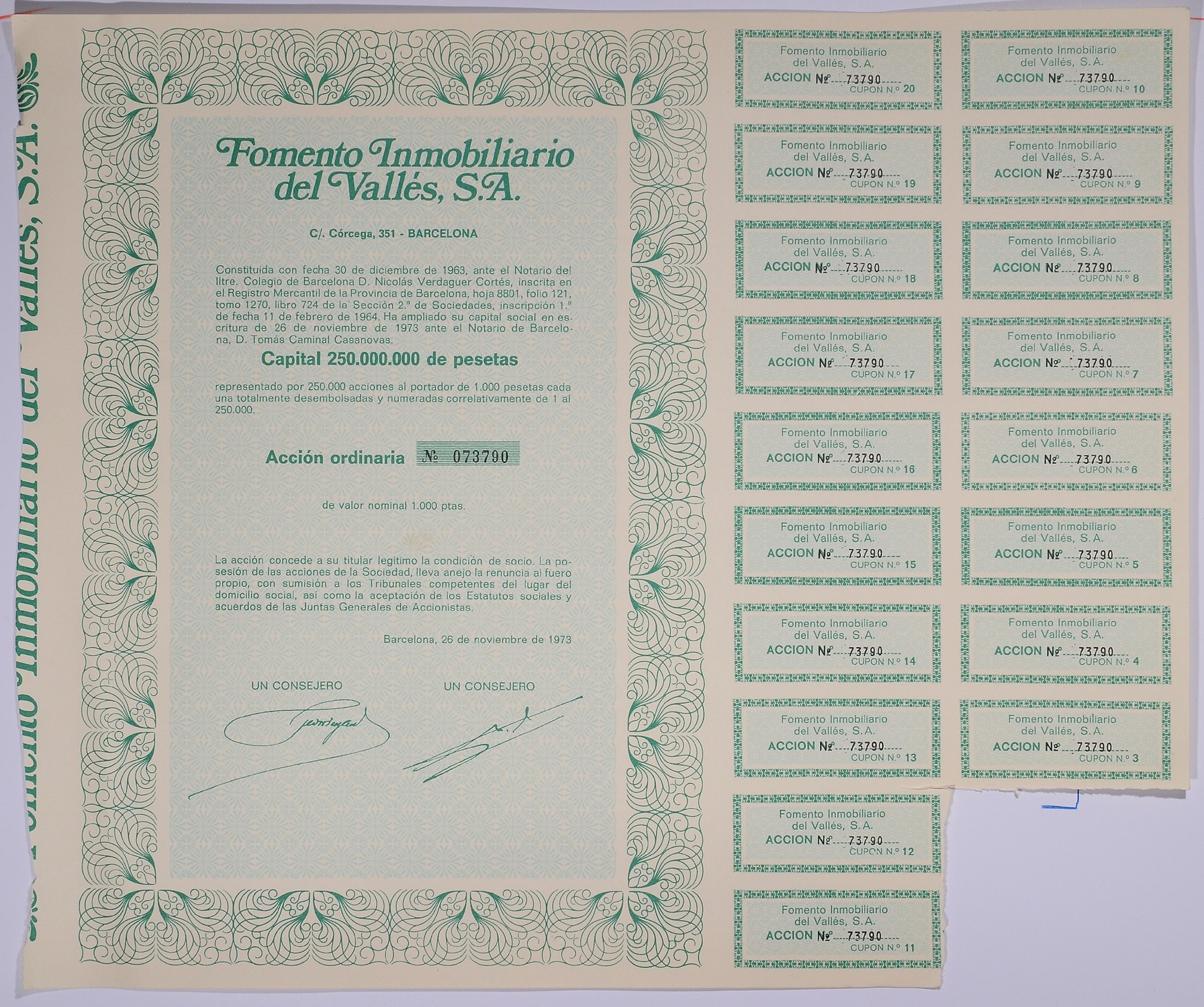 Испания акция на 1000 песет 1973 Fomento Inmobiliario del Valles, S.A., Барселона 1973, с купонами бумага 5548-36-1-2