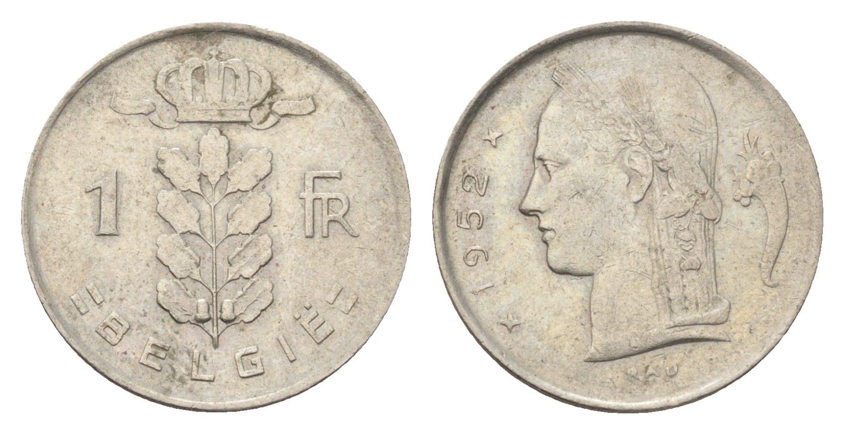 Бельгия 1 франк 1952 Belgie, Бодуэн I (1951-1993) KM 143.1 медно-никель 4702-1046