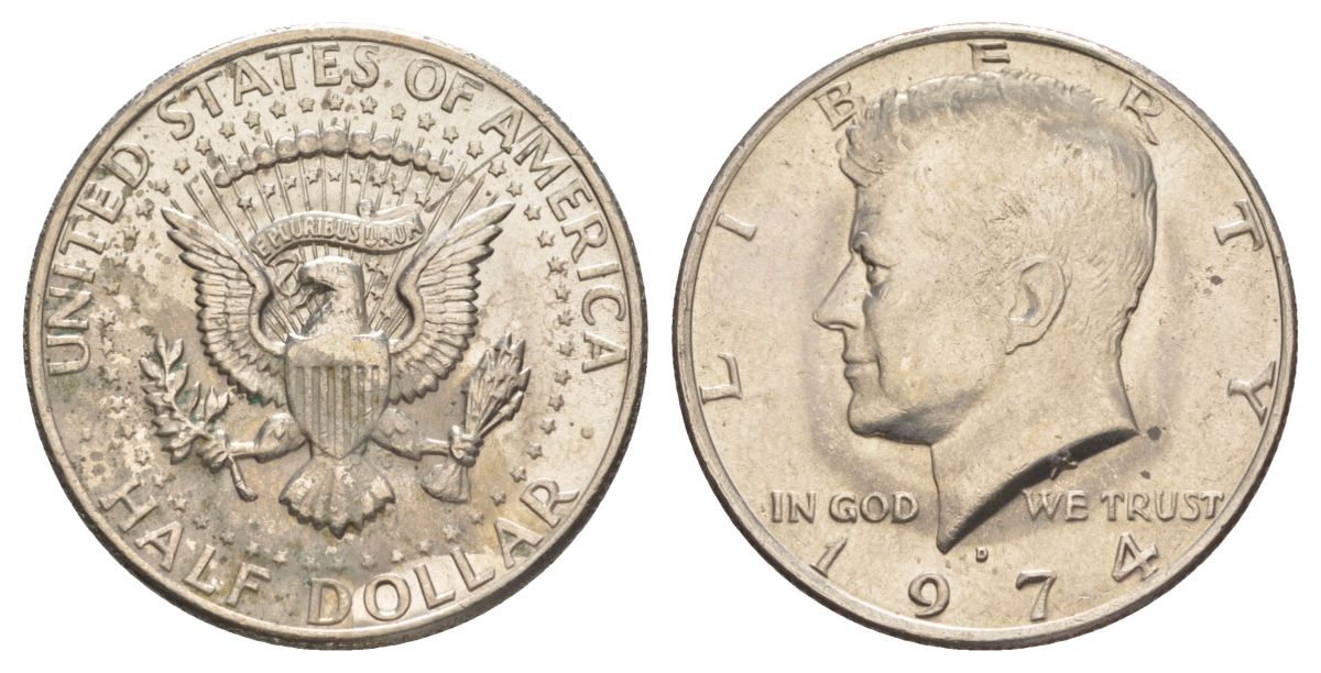 США 1/2 доллара (50 центов) 1974 D, Джон Кеннеди KM 202b медь плакированная медно-никелем aUNC 4123-116