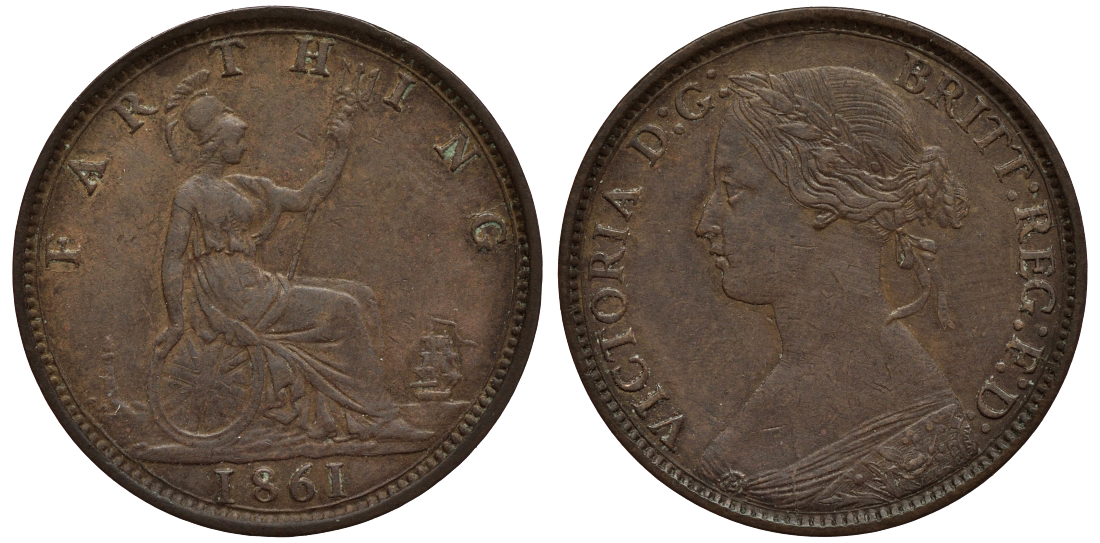 Великобритания 1 фартинг 1861 Виктория (1837-1901) KM 747.2, Spink 3958 бронза 1523-1225