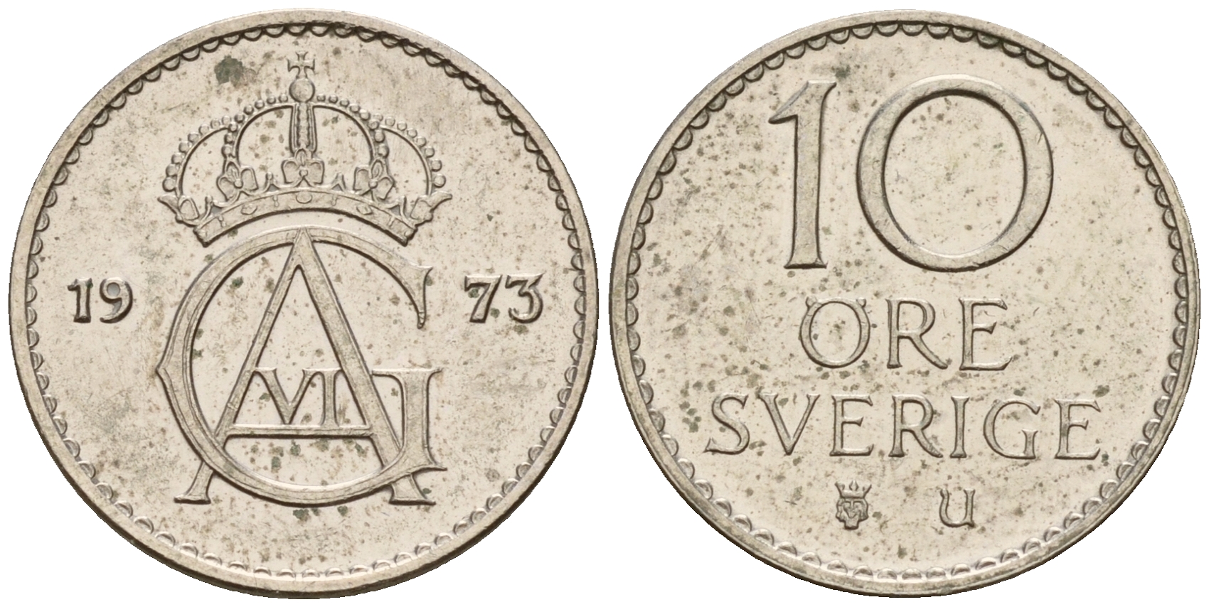 Швеция 10 эре 1973 U, Густав VI Адольф (1950-1973) KM 835 медно-никель 4598-1228