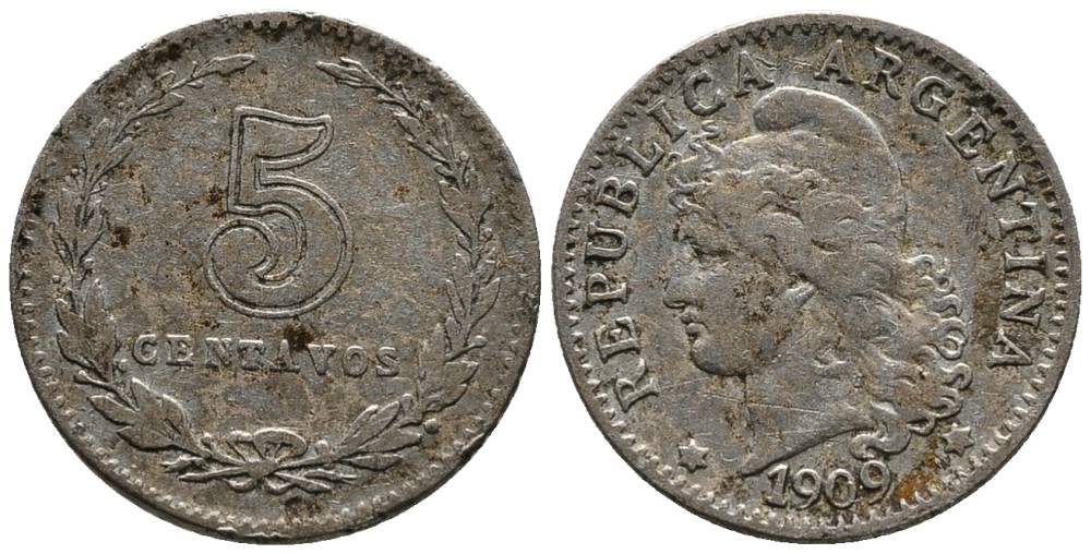 Аргентина 5 сентаво 1909 голова свободы влево KM 34 медно-никель 4528-224