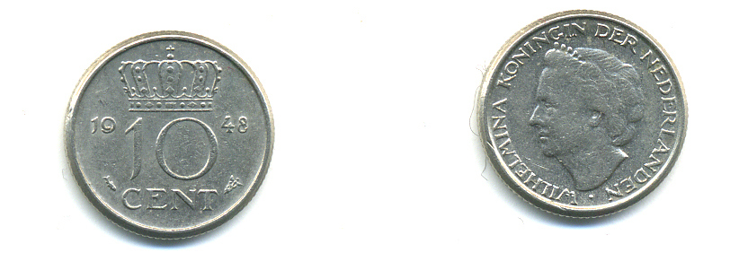 Нидерланды 10 центов 1948 Вильгельмина (1895-1948) KM 177 никель 4379-1411