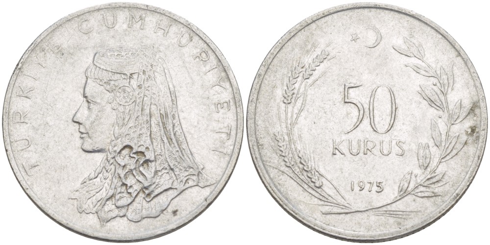 Турция 50 курушей 1975 Анатолийская невеста KM 899 нержавеющая сталь 4541-1153