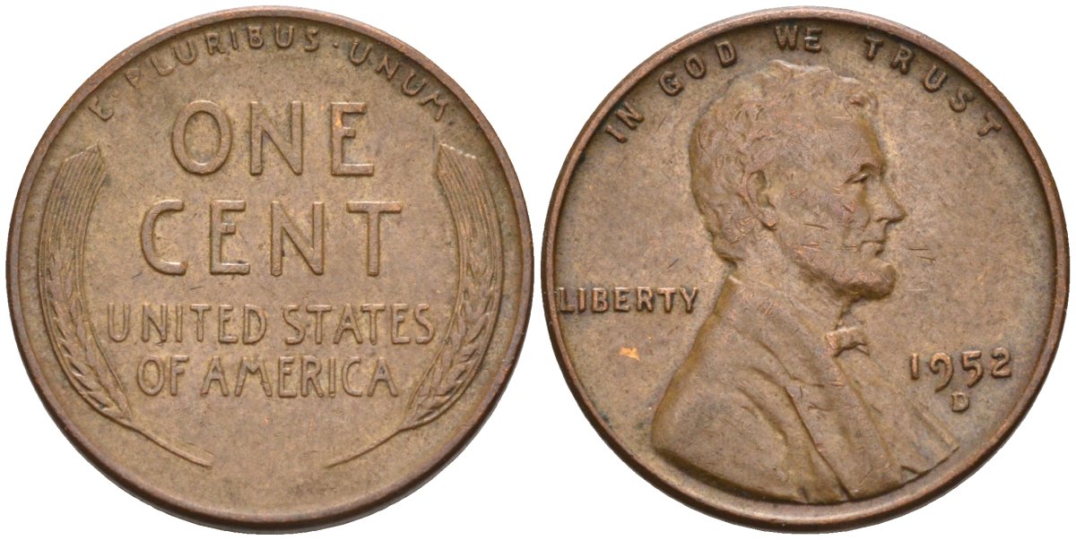 США 1 цент 1952 D, Линкольн KM А132 медь цинк 4115-814
