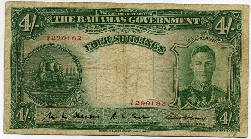 Багамские острова 4 шиллинга 1936 Георг VI (1936-1952), подпись W.L. Heape, TDLR Pick 9 b бумага 451-117-1