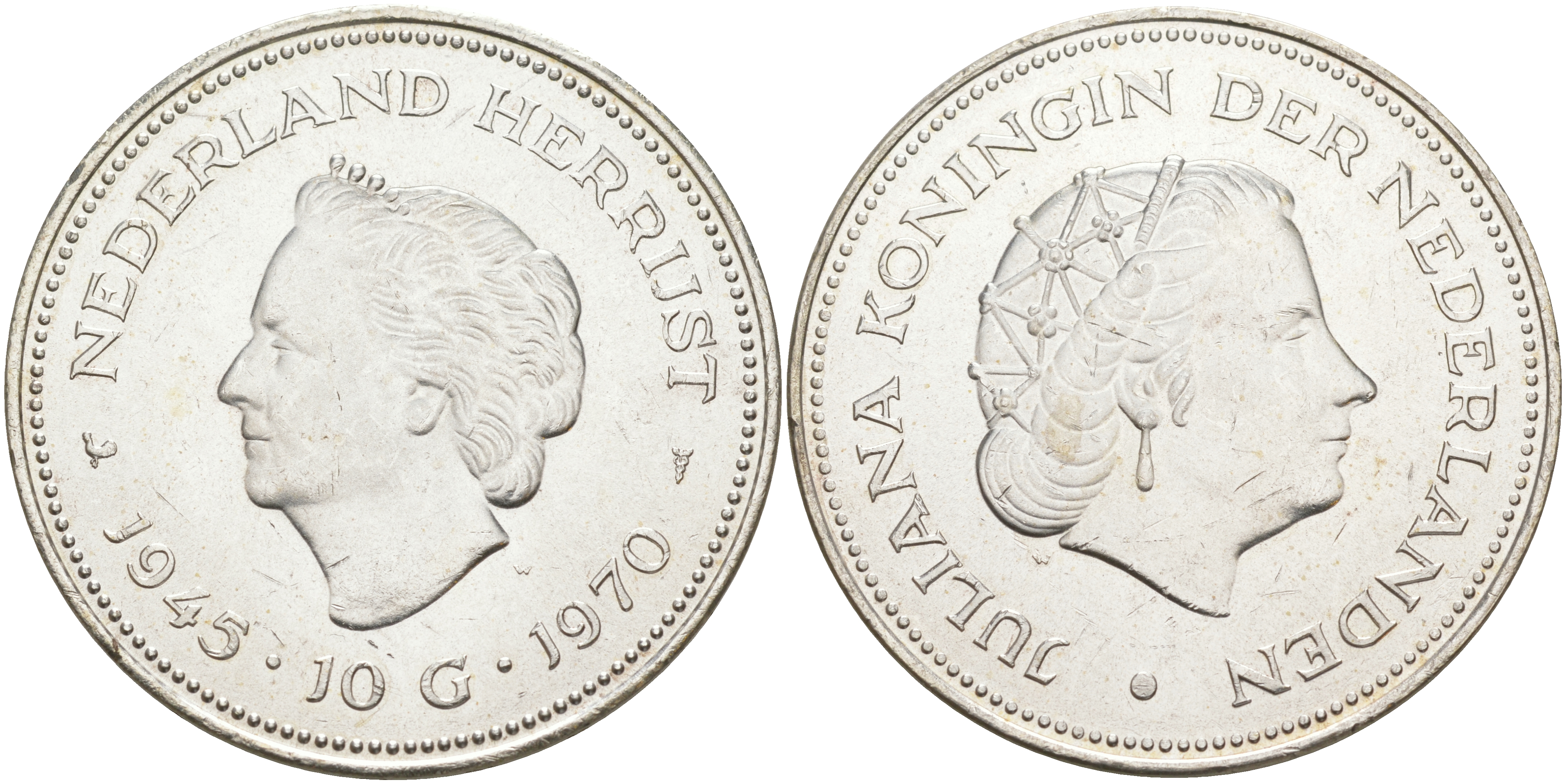 Нидерланды 10 гульденов 1970 25 лет освобождения от фашизма (1945-1970), Юлиана KM 195 серебро аUNC 1074-4-24