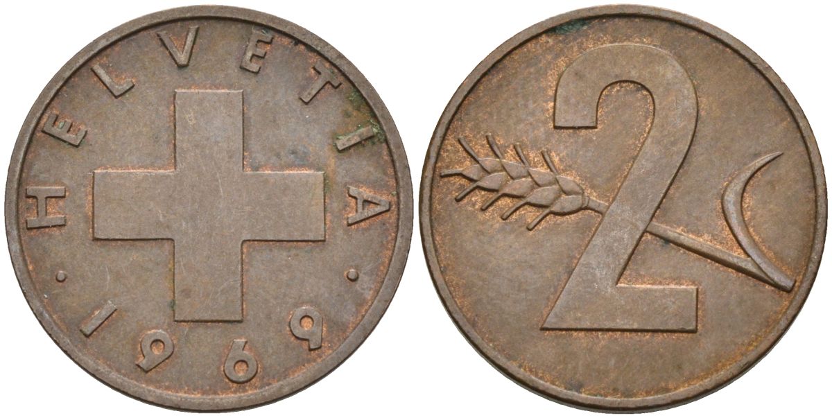 Швейцария 2 раппена 1969 KM 47 бронза 4525-925