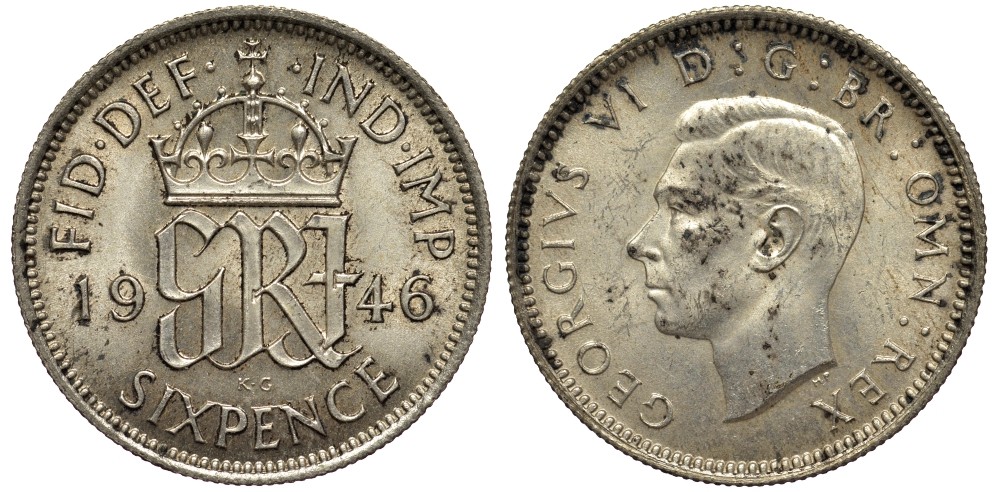 Великобритания 6 пенсов 1946 Георг VI (1936-1952) KM 852, Spink 4084 серебро 4538-617