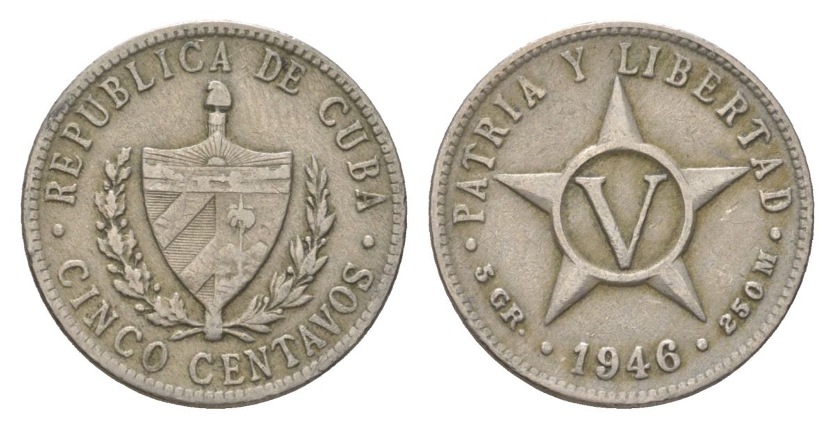 Куба 5 сентаво 1946 звезда, первая Республика (1902-1961) KM 11.3 медно-никель 4623-826