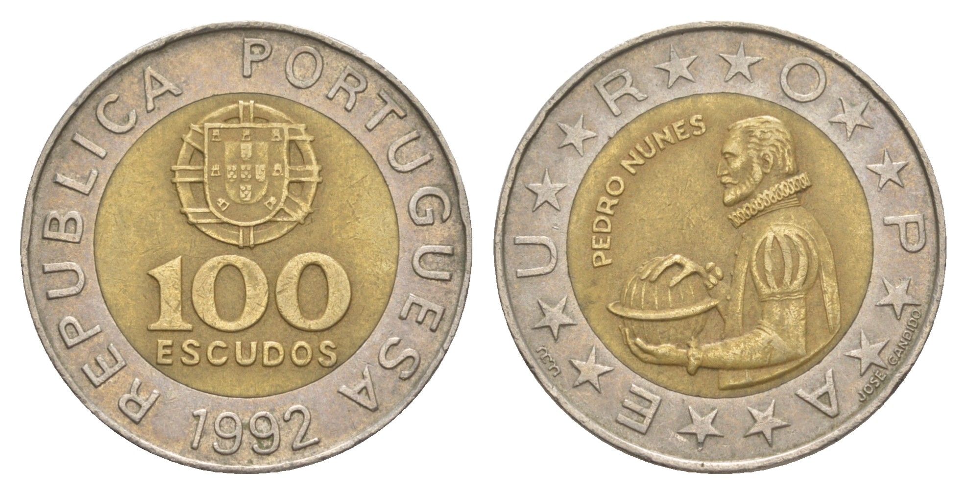 Португалия 100 эскудо 1992 Педру Нуниш (1502-1578), математик KM 645 биметалл 4390-1026