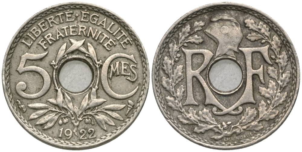 ФРАНЦИЯ 5 САНТИМОВ 1922 ТИП LINDAUER, PETIT MODULE KM 875, LE FRANC 122.4 медно-никель 4549-1232