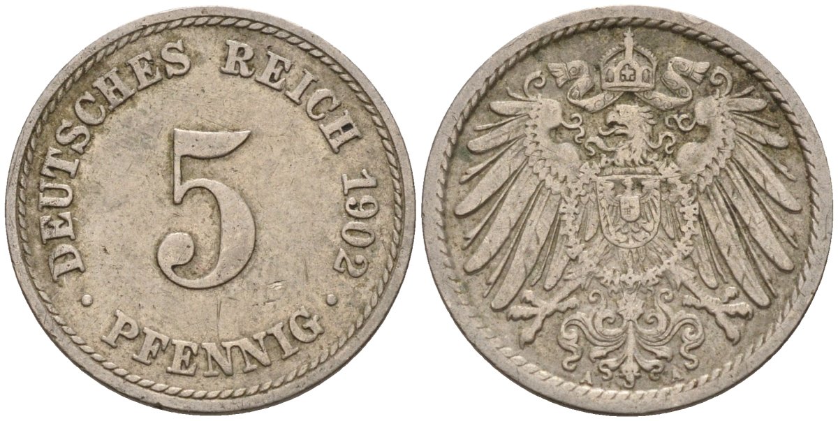 Германия 5 пфеннигов 1902 G KM 11, J. 12 медно-никель 4151-436