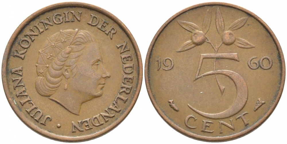 НИДЕРЛАНДЫ 5 ЦЕНТОВ 1960 ЮЛИАНА KM 181 бронза 3856-1231