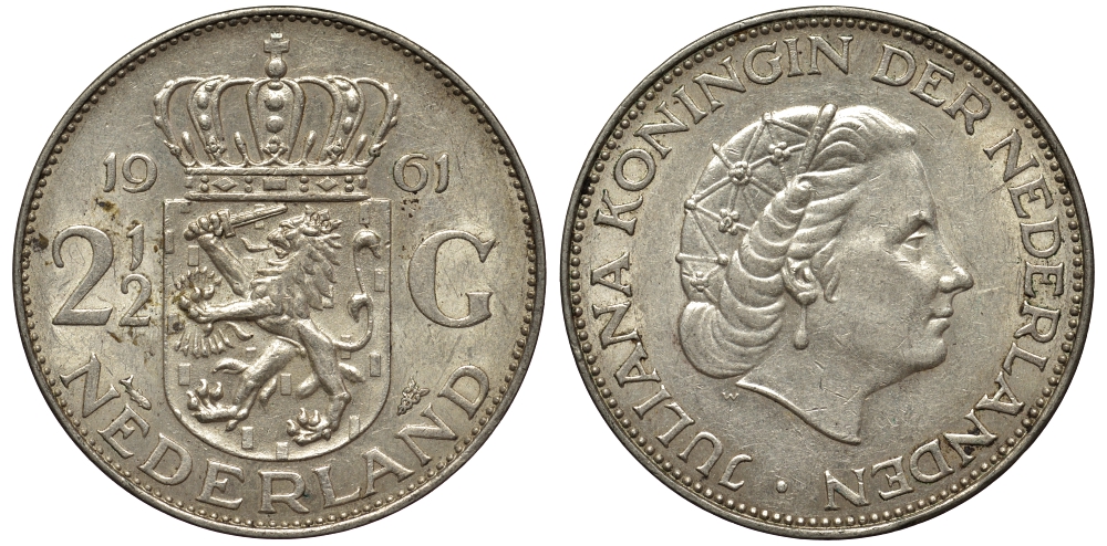 Нидерланды 2 1/2 гульдена 1961 Юлиана (1848-1980) KM 185 серебро 443-1132