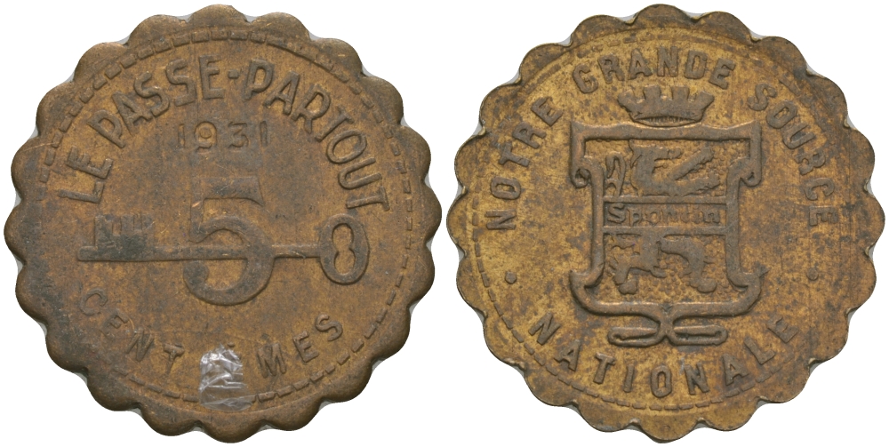 ФРАНЦИЯ 5 САНТИМОВ 1931 ПЛАТЕЖНЫЙ ЖЕТОН, ТОКЕН, НАШ ВЕЛИКИЙ НАЦИОНАЛЬНЫЙ ИСТОЧНИК SPONTIN, ФИГУРНЫЙ КРАЙ, ДИАМЕТР 23 ММ. бронза 98-1017