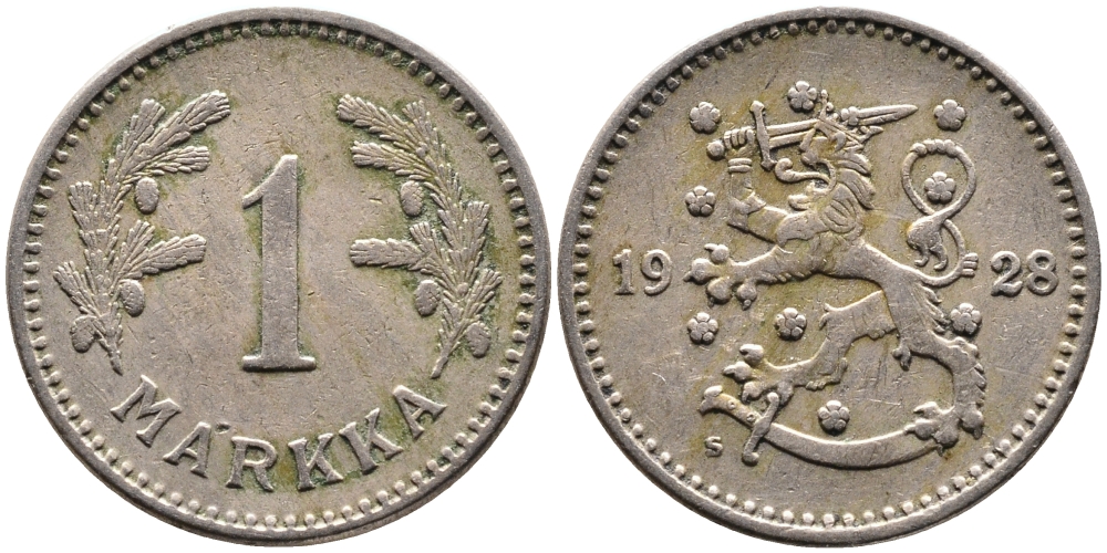 ФИНЛЯНДИЯ 1 МАРКА 1928 S KM 30 медно-никель 4388-955