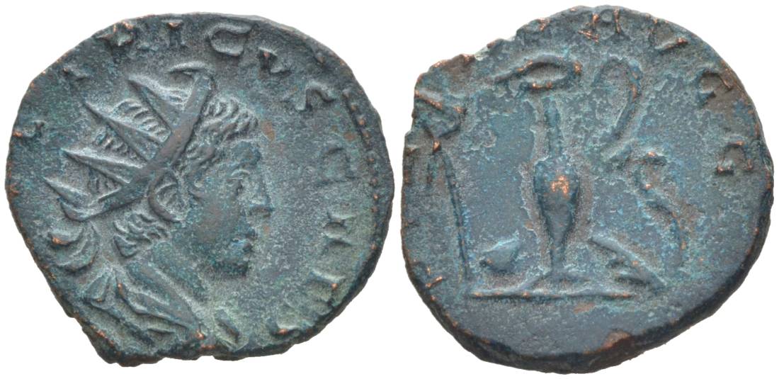 Римская Империя, императоры в Галлии антониниан 273 - 274 Тетрик II, C PIV ESV TETRICVS CAES, бюст цезаря / PIETAS AVGG, понтификальные атрибуты, Августа Треверов RIC 254 биллон 1073-20-92