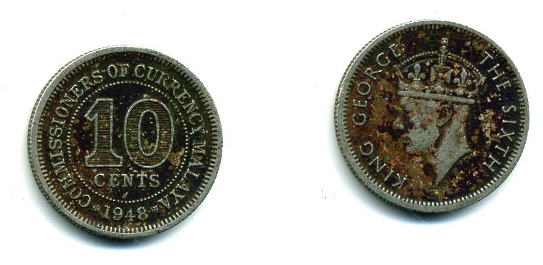 МАЛАЙЯ 10 ЦЕНТОВ 1948 ГЕОРГ VI KM 8 медно-никель 46-713