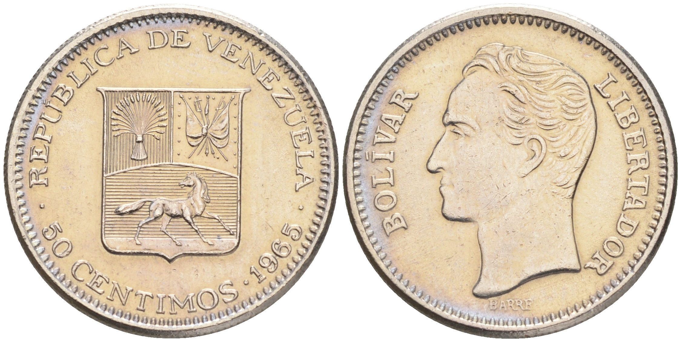 Венесуэла 50 сентимо 1965 Симон Боливар KM 41, Schon 51 никель 192-247