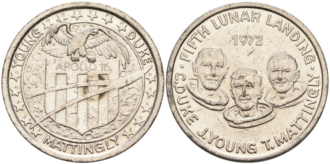 США жетон ND Аполлон 16, пятая высадка людей на Луну, C. Duke, J.Young, T.Mattingly, диаметр 26 мм. белый металл 4572-742
