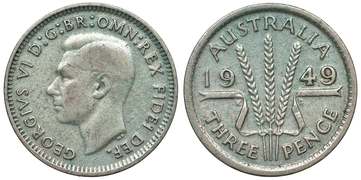 Австралия 3 пенса 1949 m, Георг VI (1937-1952), без букв KM 44 серебро 71-234