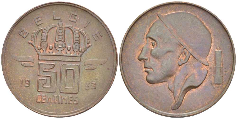 БЕЛЬГИЯ 50 САНТИМОВ 1953 BELGIE, БОДУЭН I (1951-1993) KM 145 бронза 206-137