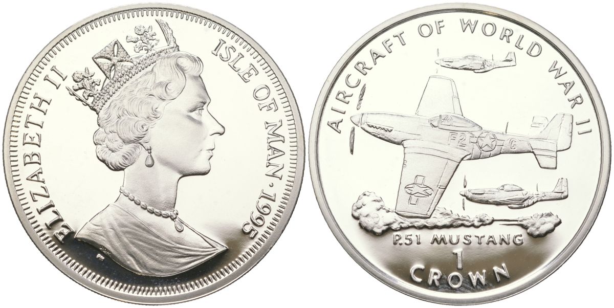 Остров Мэн 1 крона 1995 Авиация Второй Мировой войны - P-51 Mustang KM 503a серебро PROOF 1530-1331