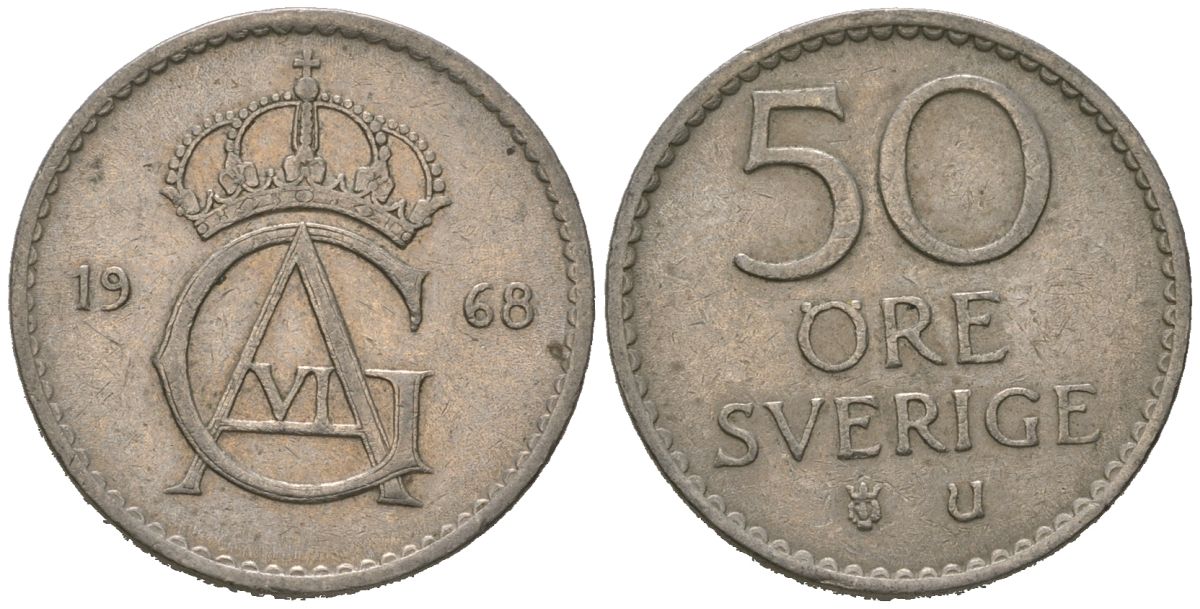 Швеция 50 эре 1968 U, Густав VI Адольф (1950-1973) KM 837 медно-никель 4621-335