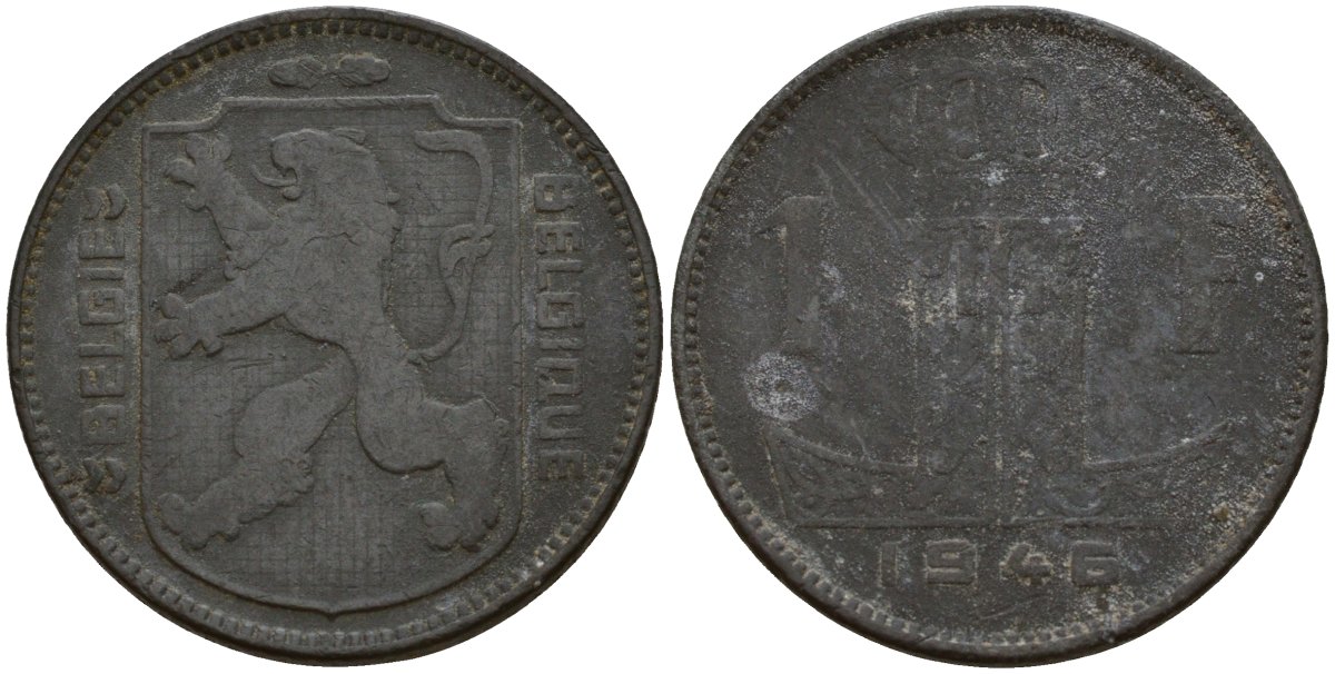 Бельгия 1 франк 1945 Belgie - Belgique, Леопольд III (1934-1947), германская оккупация, Вторая мировая война KM 128 цинк 4161-551