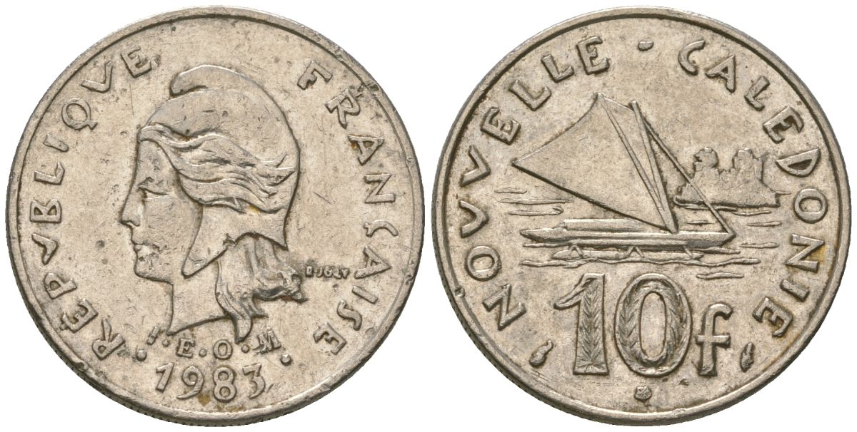 Французская Новая Каледония 10 франков 1983 рыбачья парусная лодка, (IEOM) KM 11, Schoen 13, Lec 94 никель 54-2121