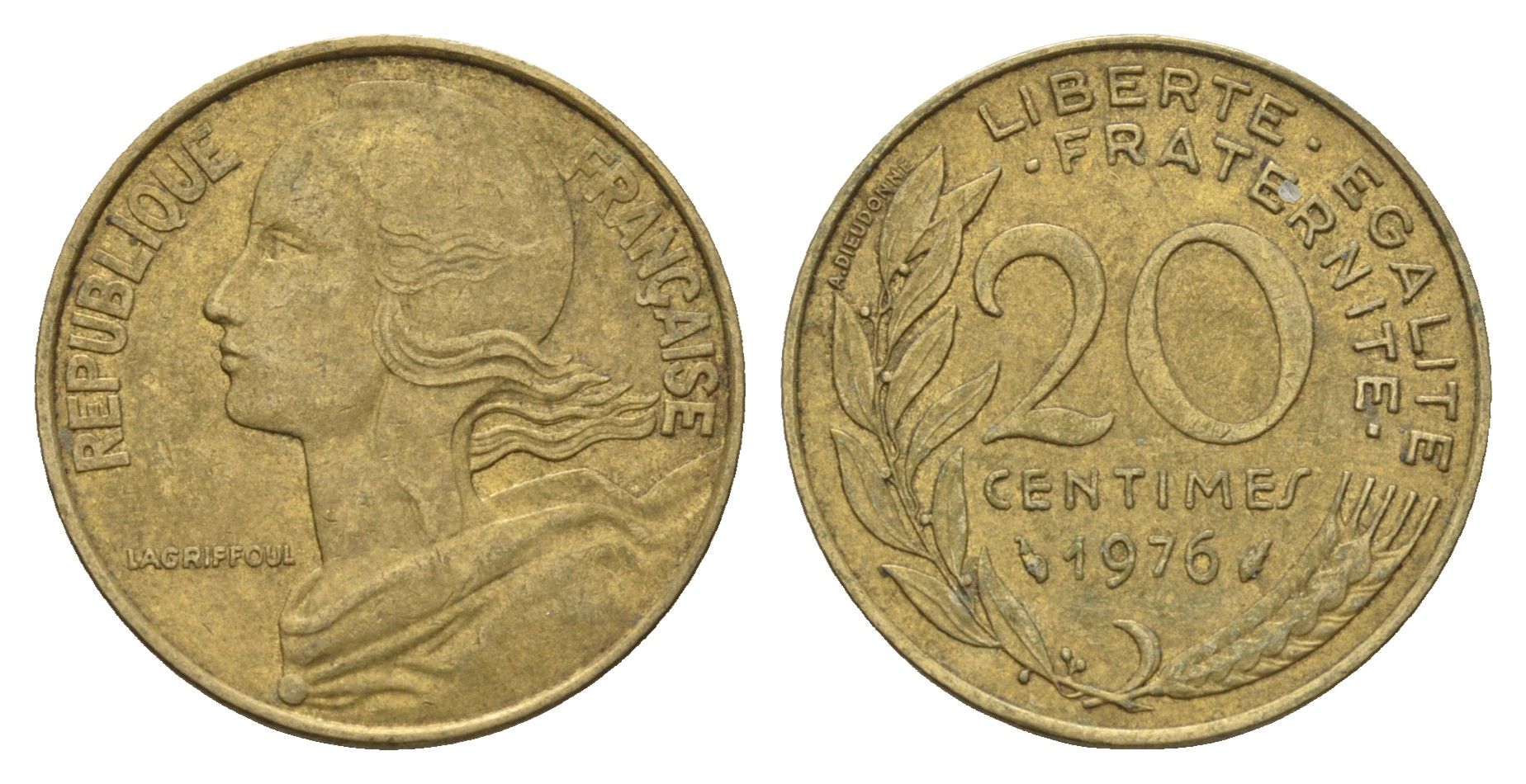 Франция 20 сантимов 1976 KM 930 алюминиевая бронза 4673-1117
