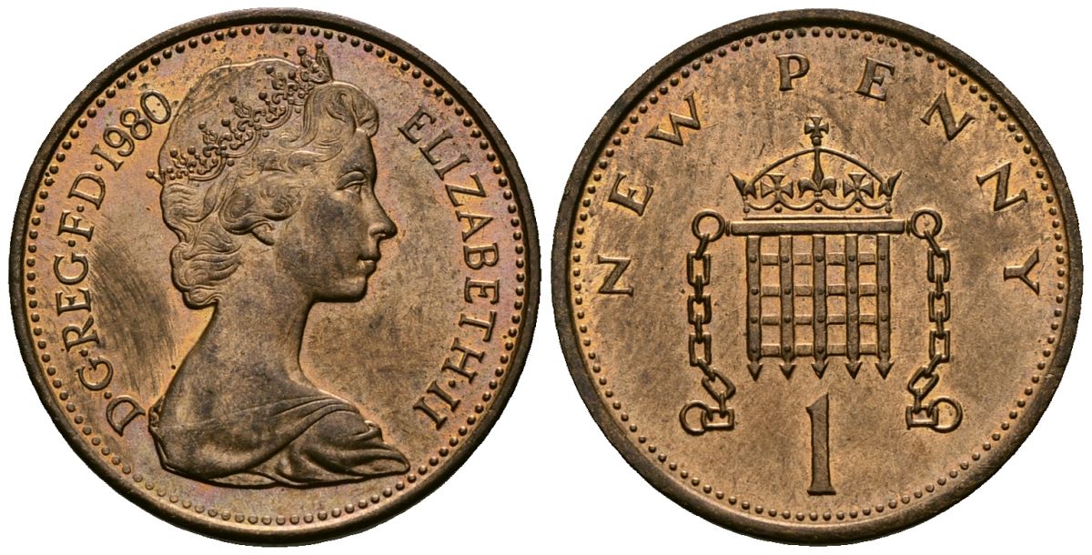Великобритания 1 пенни 1980 Елизавета II (1952-2022) KM 915, Spink 4237 (B1) бронза 4548-1125