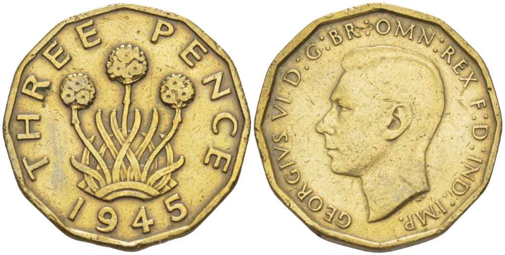 Великобритания 3 пенса 1946 Георг VI (1936-1952), редкий год KM 849, Spink 4112 никель латунь 212-813