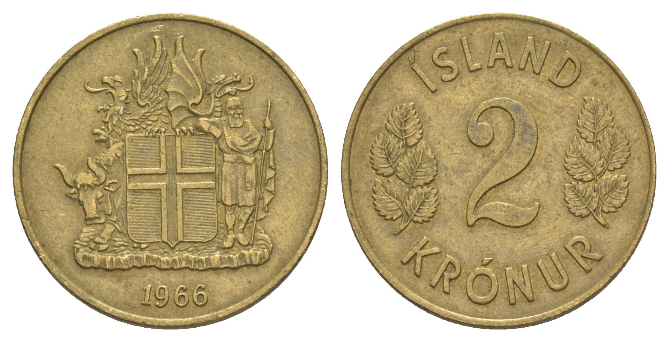 Исландия 2 кроны 1966 KM 13a.1 никель латунь 4635-122