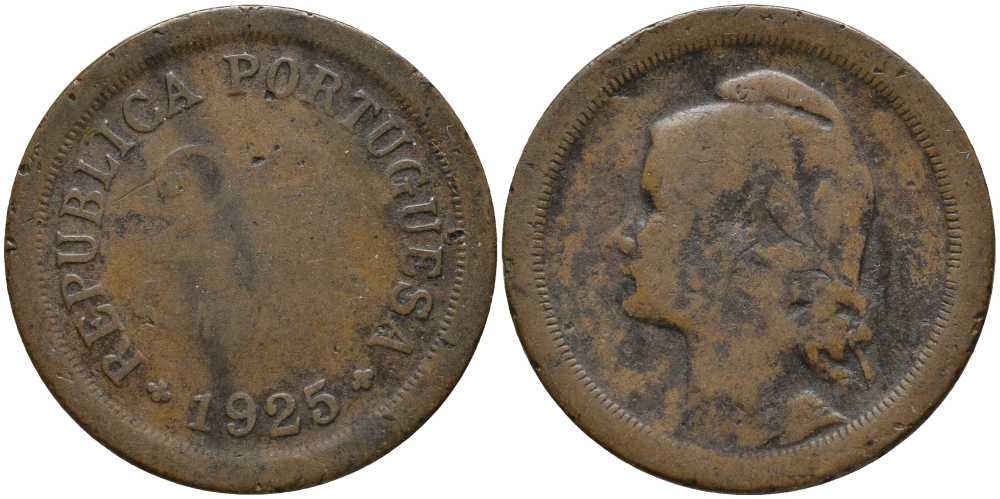 ПОРТУГАЛИЯ 20 СЕНТАВО 1925 РЕСПУБЛИКА, ГОЛОВА СВОБОДЫ ВЛЕВО КМ 574 бронза 202-334