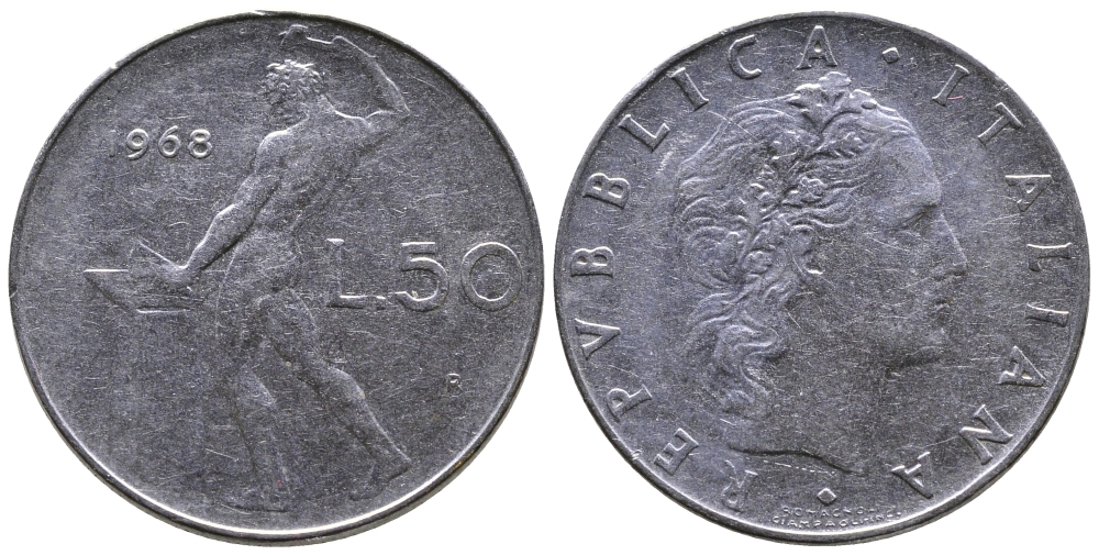 ИТАЛИЯ 50 ЛИР 1968 R, КУЗНЕЦ KM 95.1 сталь 3333-824