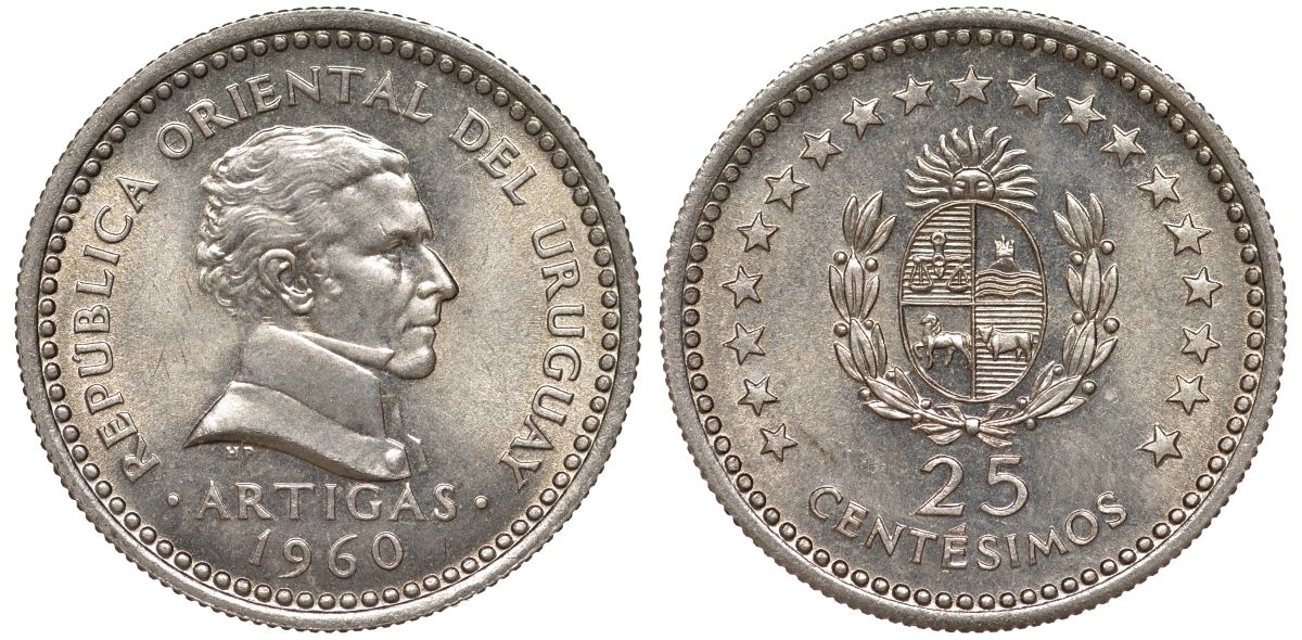 Уругвай 25 сентесимо 1960 KM 40 медно-никель 4580-1158
