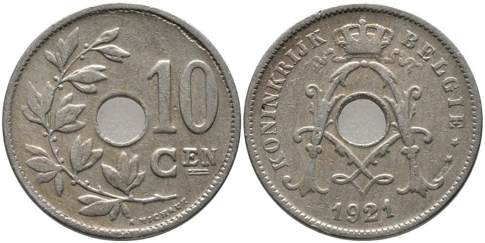 БЕЛЬГИЯ 10 САНТИМОВ 1921 BELGIE KM 86 медно-никель 4364-2651