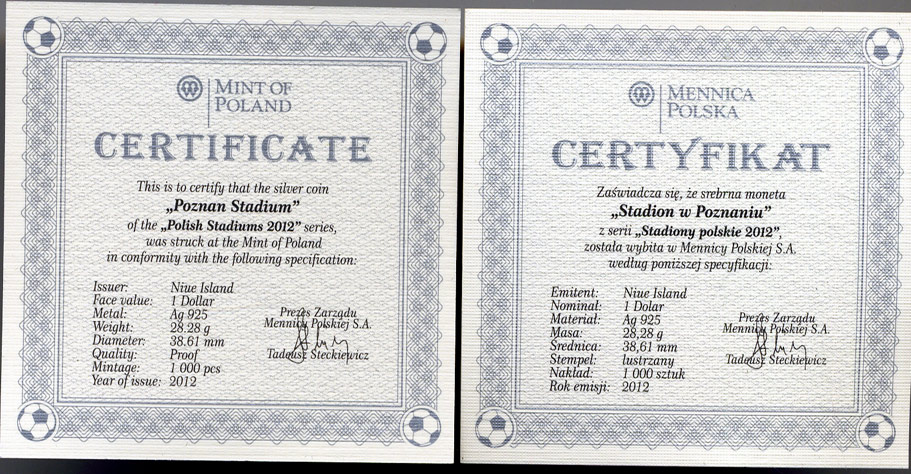 Ниуэ 1 доллар 2012 футбол чемпионат, стадион в Познани, в оригинальной коробке с сертификатом тираж 1000 шт. KM NEW серебро PROOF 2-4-2-18