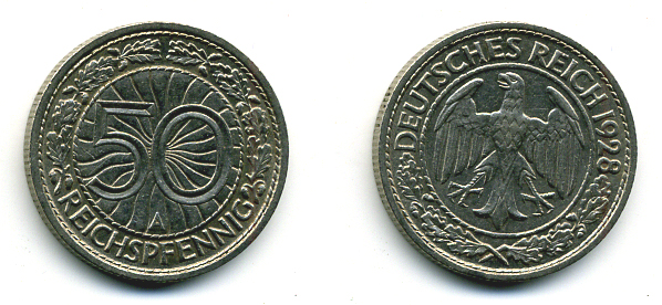 Германия 50 рейхспфеннигов 1928 A KM 49, J.324 никель 58-513