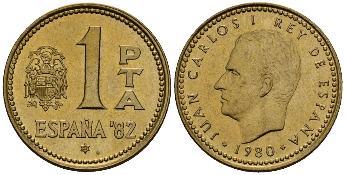 Испания 1 песета 1980 Чемпионат мира по футболу в Испании 1982 года, Хуан Карлос I (1975-2014) KM 816 алюминиевая бронза 4176-415