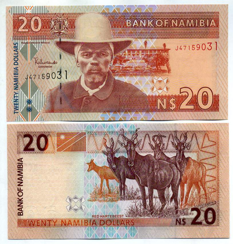 Намибия 20 долларов ND Хендрик Витбой, красный хартебист, 8 цифр в серии Pick 6 b бумага UNC (пресс) 448-89-1