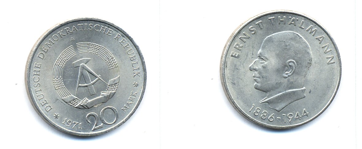 ГДР 20 марок 1971 A, 85 лет со дня рождения Эрнста Тельмана KM 34, J. 1535 медно-никель 3333-544