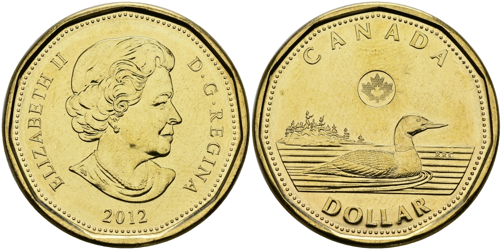 Канада 1 доллар 2012 черноклювая гагара KM 1255 никель плакированный бронзой UNC M45-11